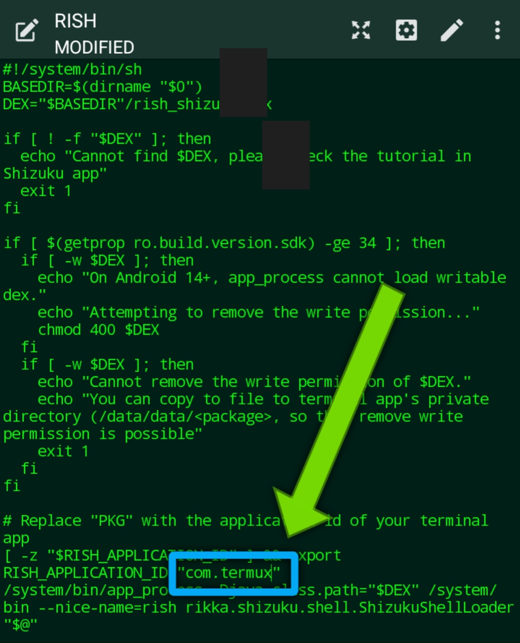 Replacing PKG with com.termux using a text editor