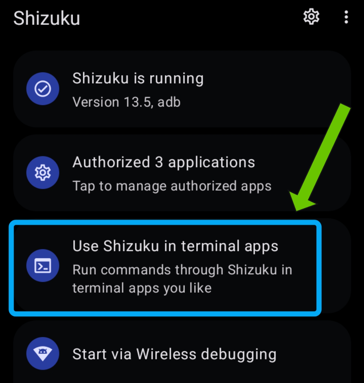 Selecting Use Shizuku in terminal apps option inside the app